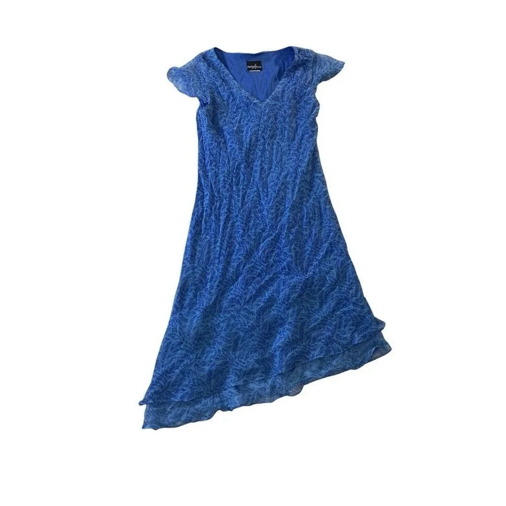 VTG Y2K Positive Attitude Womens M Blue Leaf Chiffon Asymmetrical Hem Midi Dress